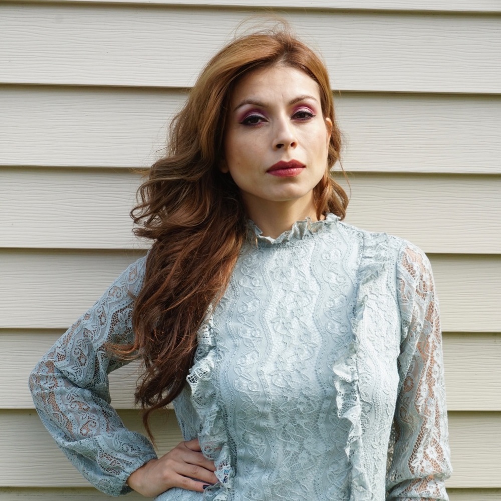 Romantic Mint Green Lace Long Sleeve Ultra Pink Blouse.